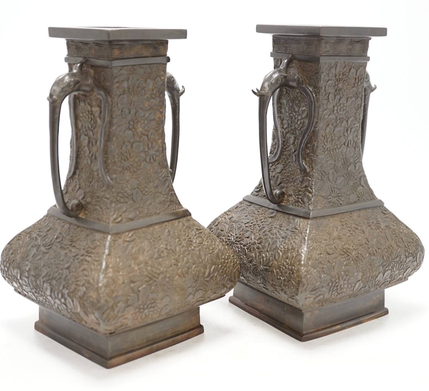 A pair of Japanese Meiji period bronze vases, 30cm. Condition - fair